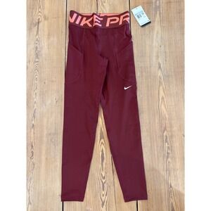 Nike Pro Dri Fit Womens XS Training Leggings Pockets Cropped Maroon Burgundy